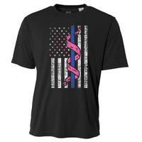 Blue Line Police Us Flag Pink Ribbon Breast Cancer Awareness Cooling Performance Crew T-Shirt