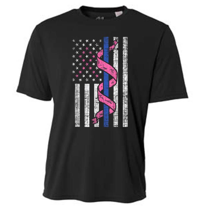 Blue Line Police Us Flag Pink Ribbon Breast Cancer Awareness Cooling Performance Crew T-Shirt