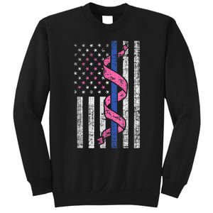 Blue Line Police Us Flag Pink Ribbon Breast Cancer Awareness Sweatshirt