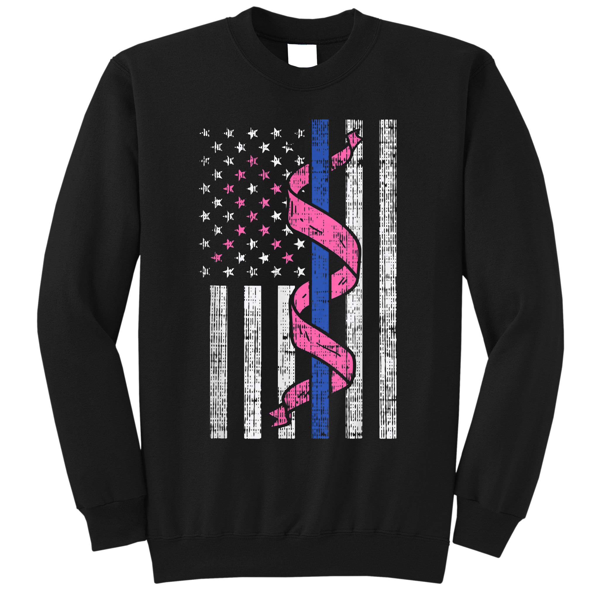 Blue Line Police Us Flag Pink Ribbon Breast Cancer Awareness Sweatshirt