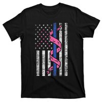 Blue Line Police Us Flag Pink Ribbon Breast Cancer Awareness T-Shirt