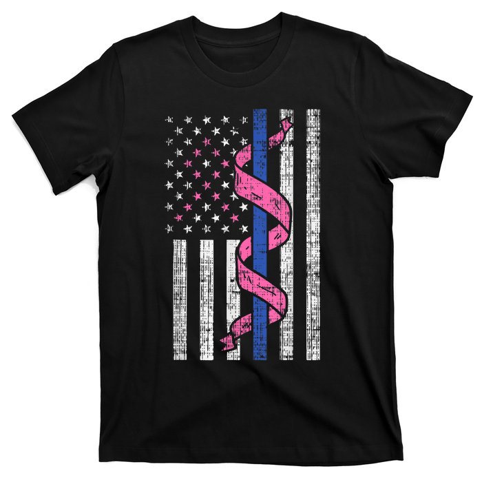 Blue Line Police Us Flag Pink Ribbon Breast Cancer Awareness T-Shirt