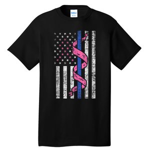 Blue Line Police Us Flag Pink Ribbon Breast Cancer Awareness Tall T-Shirt