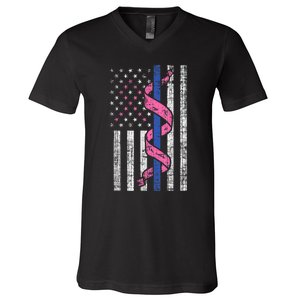 Blue Line Police Us Flag Pink Ribbon Breast Cancer Awareness V-Neck T-Shirt