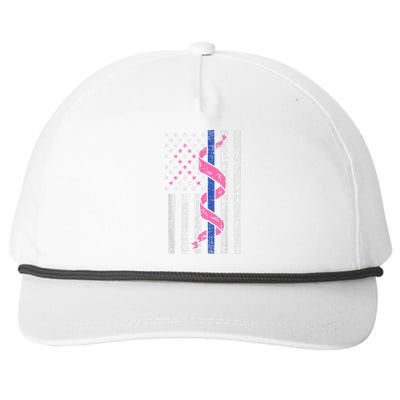 Blue Line Police Us Flag Pink Ribbon Breast Cancer Awareness Snapback Five-Panel Rope Hat