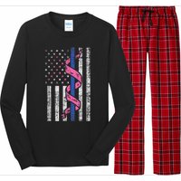 Blue Line Police Us Flag Pink Ribbon Breast Cancer Awareness Long Sleeve Pajama Set