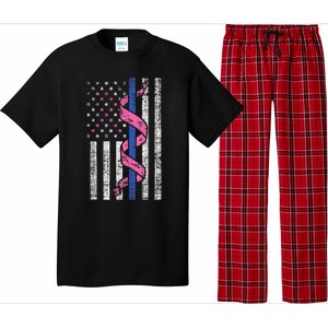 Blue Line Police Us Flag Pink Ribbon Breast Cancer Awareness Pajama Set