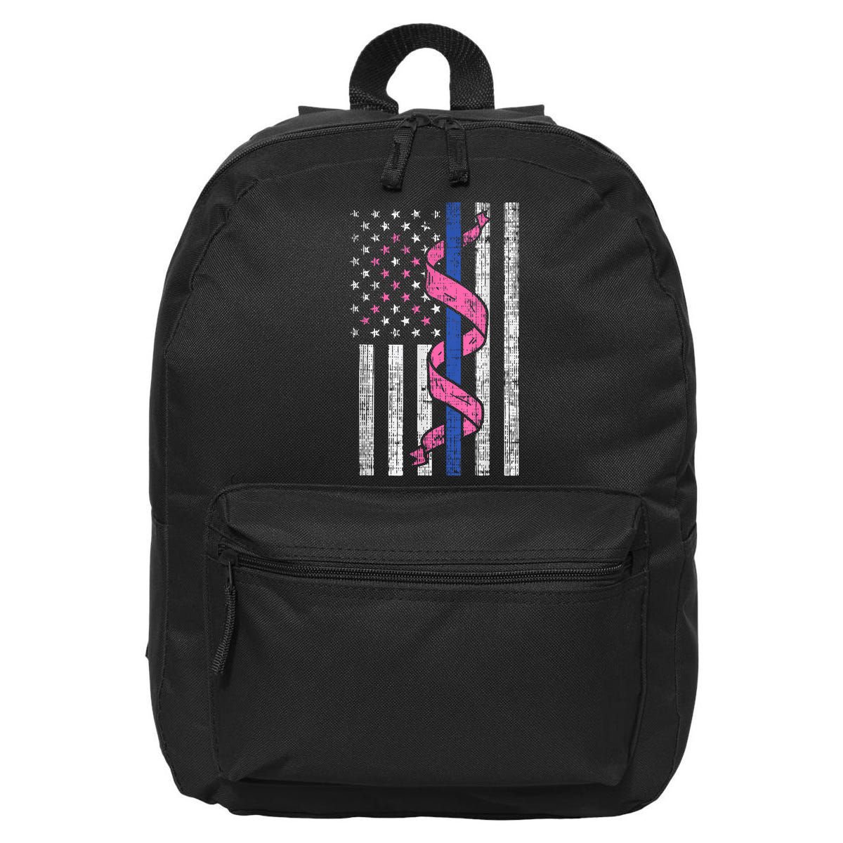 Blue Line Police Us Flag Pink Ribbon Breast Cancer Awareness 16 in Basic Backpack