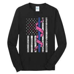 Blue Line Police Us Flag Pink Ribbon Breast Cancer Awareness Tall Long Sleeve T-Shirt