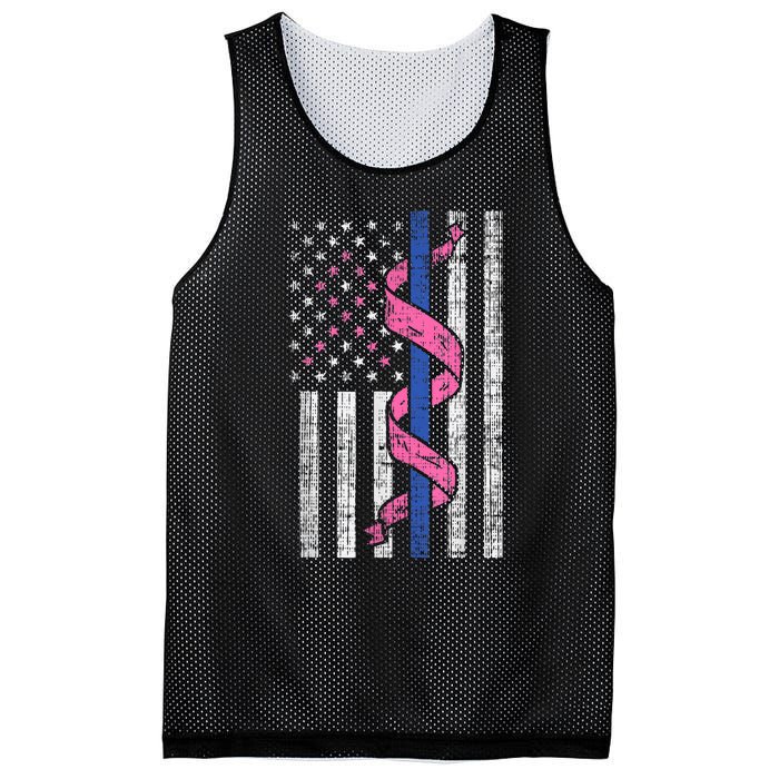 Blue Line Police Us Flag Pink Ribbon Breast Cancer Awareness Mesh Reversible Basketball Jersey Tank