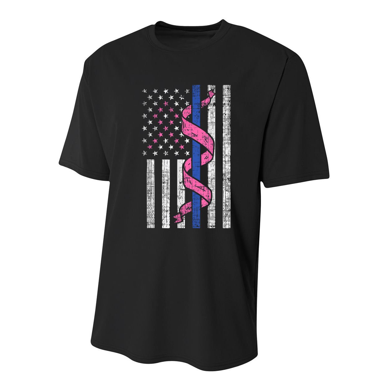 Blue Line Police Us Flag Pink Ribbon Breast Cancer Awareness Youth Performance Sprint T-Shirt