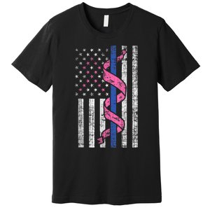 Blue Line Police Us Flag Pink Ribbon Breast Cancer Awareness Premium T-Shirt