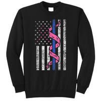 Blue Line Police Us Flag Pink Ribbon Breast Cancer Awareness Tall Sweatshirt