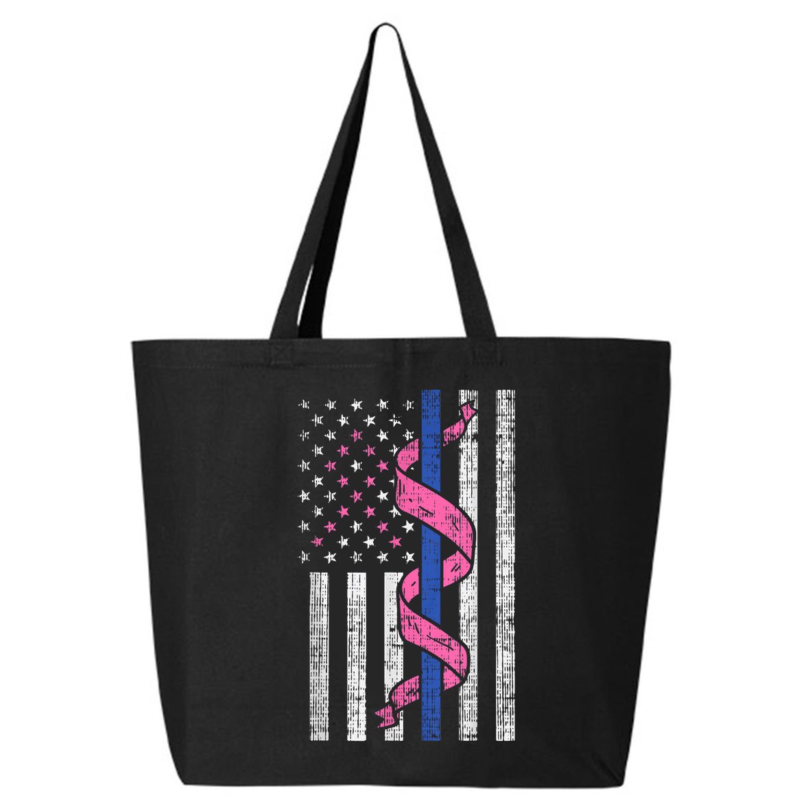 Blue Line Police Us Flag Pink Ribbon Breast Cancer Awareness 25L Jumbo Tote