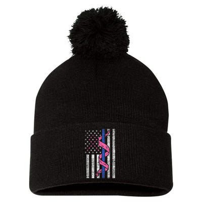 Blue Line Police Us Flag Pink Ribbon Breast Cancer Awareness Pom Pom 12in Knit Beanie