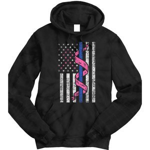 Blue Line Police Us Flag Pink Ribbon Breast Cancer Awareness Tie Dye Hoodie