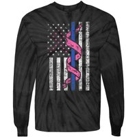 Blue Line Police Us Flag Pink Ribbon Breast Cancer Awareness Tie-Dye Long Sleeve Shirt