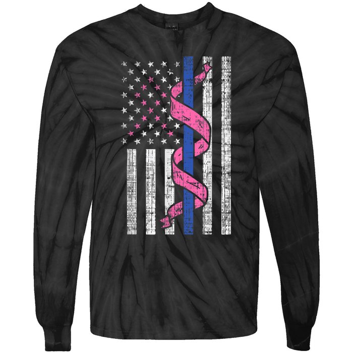 Blue Line Police Us Flag Pink Ribbon Breast Cancer Awareness Tie-Dye Long Sleeve Shirt