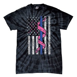 Blue Line Police Us Flag Pink Ribbon Breast Cancer Awareness Tie-Dye T-Shirt