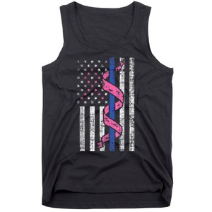 Blue Line Police Us Flag Pink Ribbon Breast Cancer Awareness Tank Top