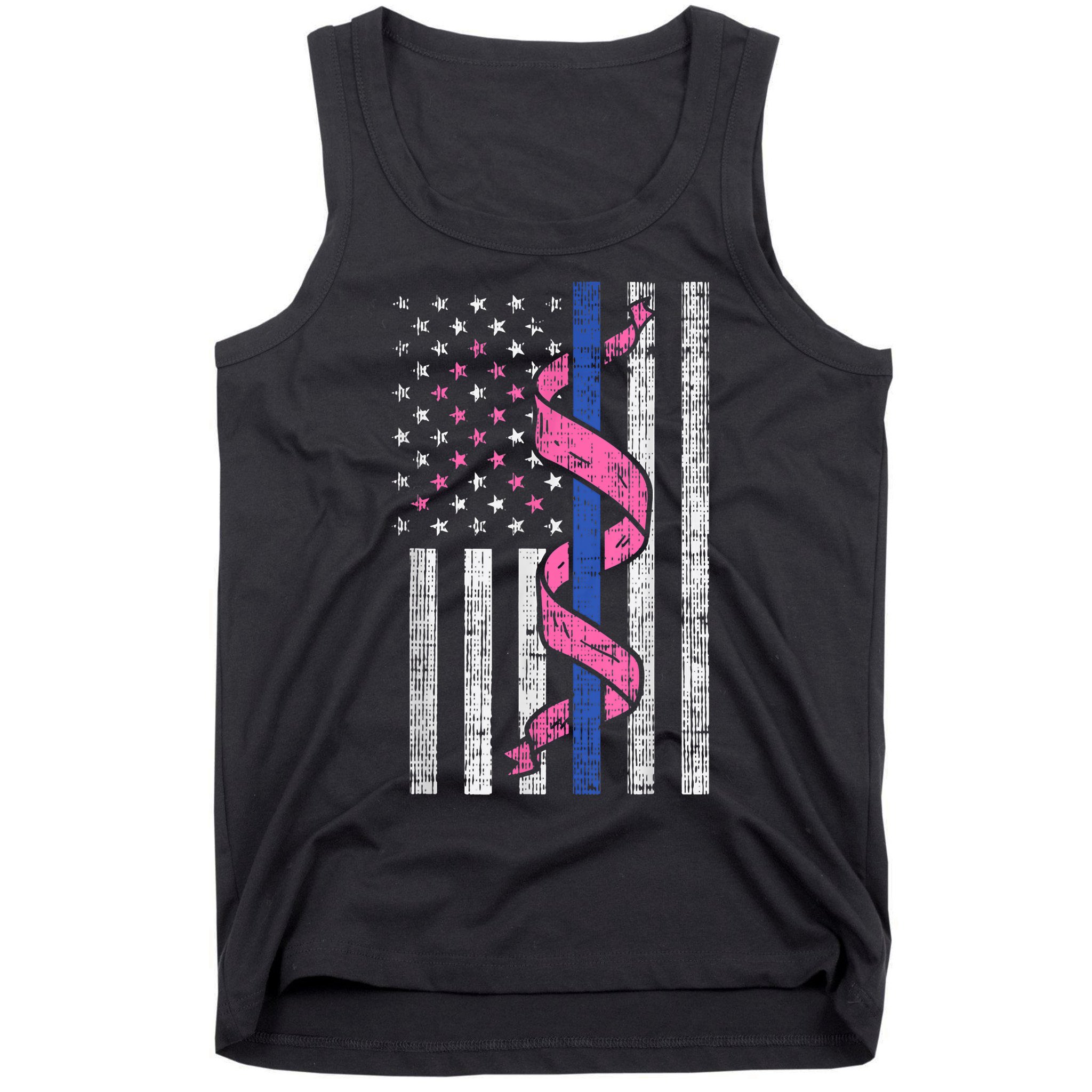Blue Line Police Us Flag Pink Ribbon Breast Cancer Awareness Tank Top