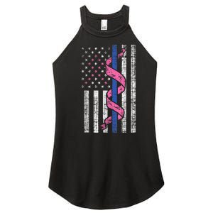 Blue Line Police Us Flag Pink Ribbon Breast Cancer Awareness Women’s Perfect Tri Rocker Tank