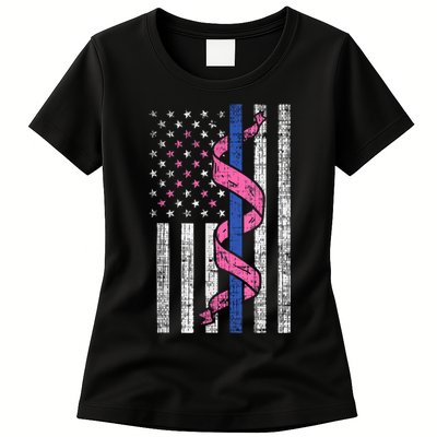 Blue Line Police Us Flag Pink Ribbon Breast Cancer Awareness Womens T-Shirt