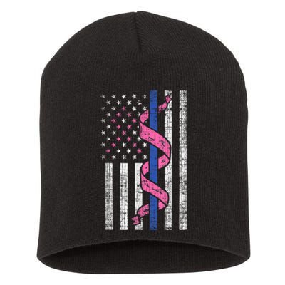 Blue Line Police Us Flag Pink Ribbon Breast Cancer Awareness Short Acrylic Beanie