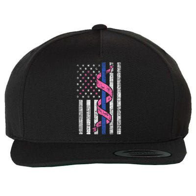 Blue Line Police Us Flag Pink Ribbon Breast Cancer Awareness Wool Snapback Cap