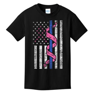 Blue Line Police Us Flag Pink Ribbon Breast Cancer Awareness Kids T-Shirt