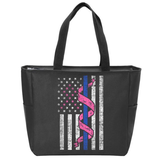 Blue Line Police Us Flag Pink Ribbon Breast Cancer Awareness Zip Tote Bag