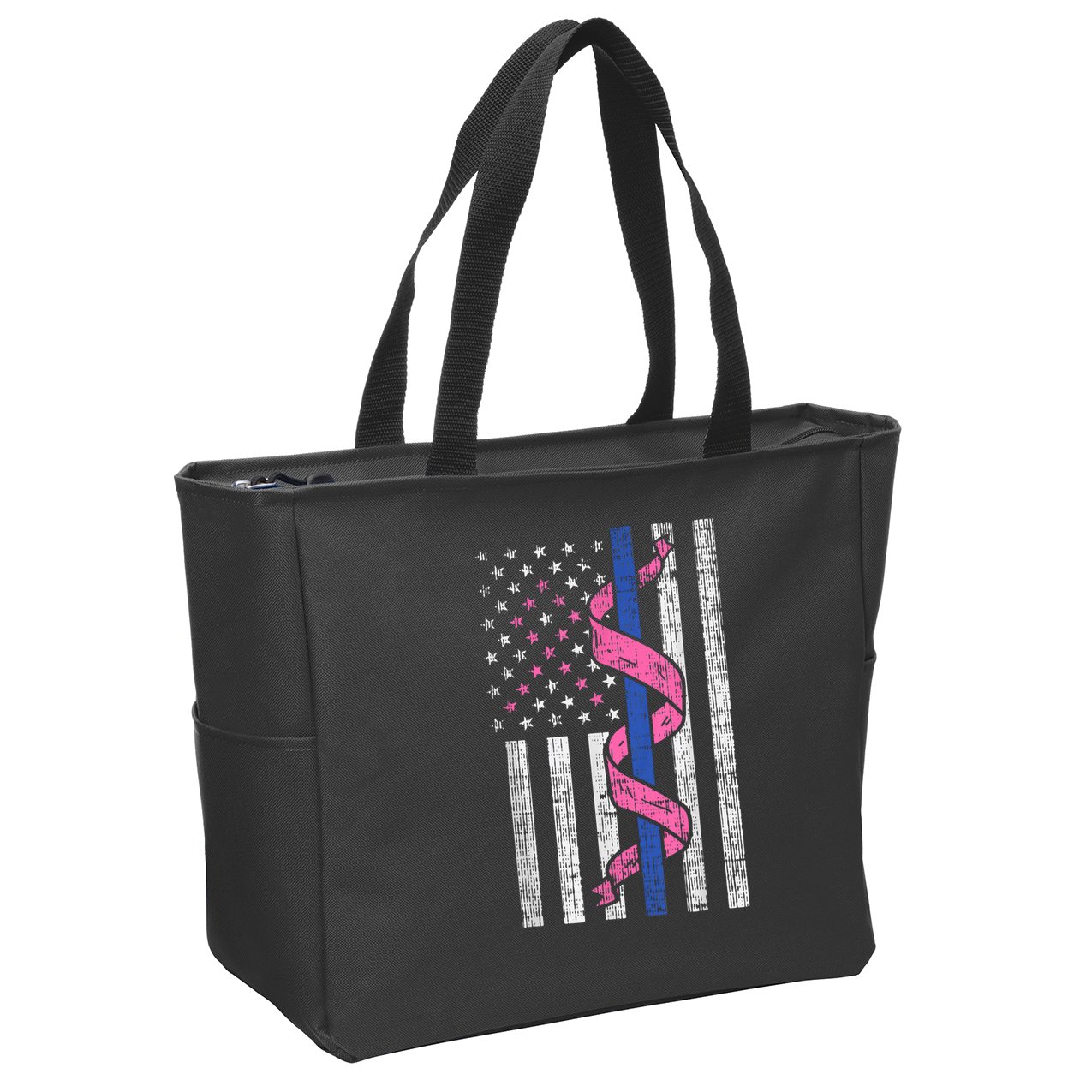 Blue Line Police Us Flag Pink Ribbon Breast Cancer Awareness Zip Tote Bag