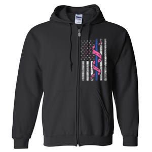 Blue Line Police Us Flag Pink Ribbon Breast Cancer Awareness Full Zip Hoodie