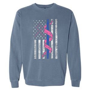 Blue Line Police Us Flag Pink Ribbon Breast Cancer Awareness Garment-Dyed Sweatshirt