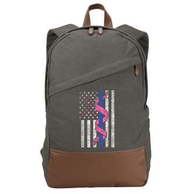 Blue Line Police Us Flag Pink Ribbon Breast Cancer Awareness Cotton Canvas Backpack