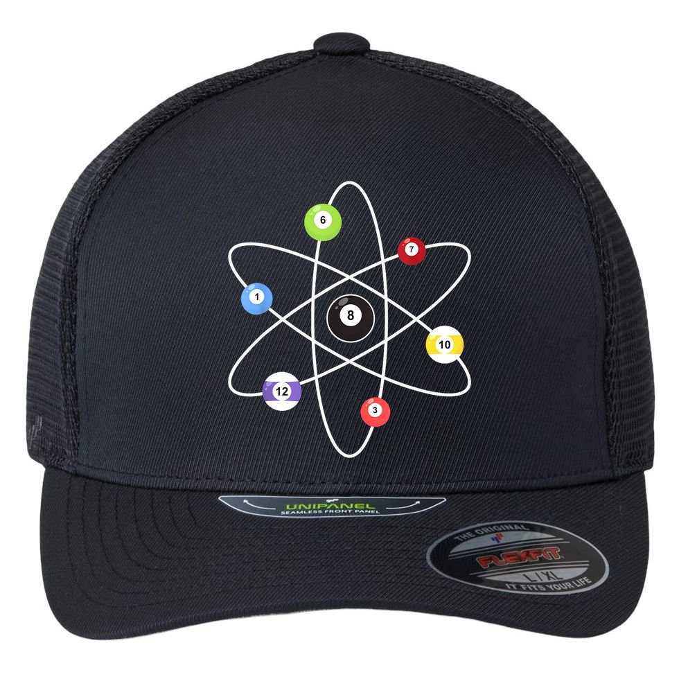 Billiard Lover Pool Player Game Sports Gift Cue Ball Atoms Flexfit Unipanel Trucker Cap