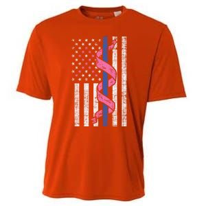 Blue Line Police Us Flag Pink Ribbon Breast Cancer Awareness Gift Cooling Performance Crew T-Shirt