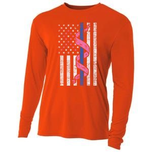 Blue Line Police Us Flag Pink Ribbon Breast Cancer Awareness Gift Cooling Performance Long Sleeve Crew