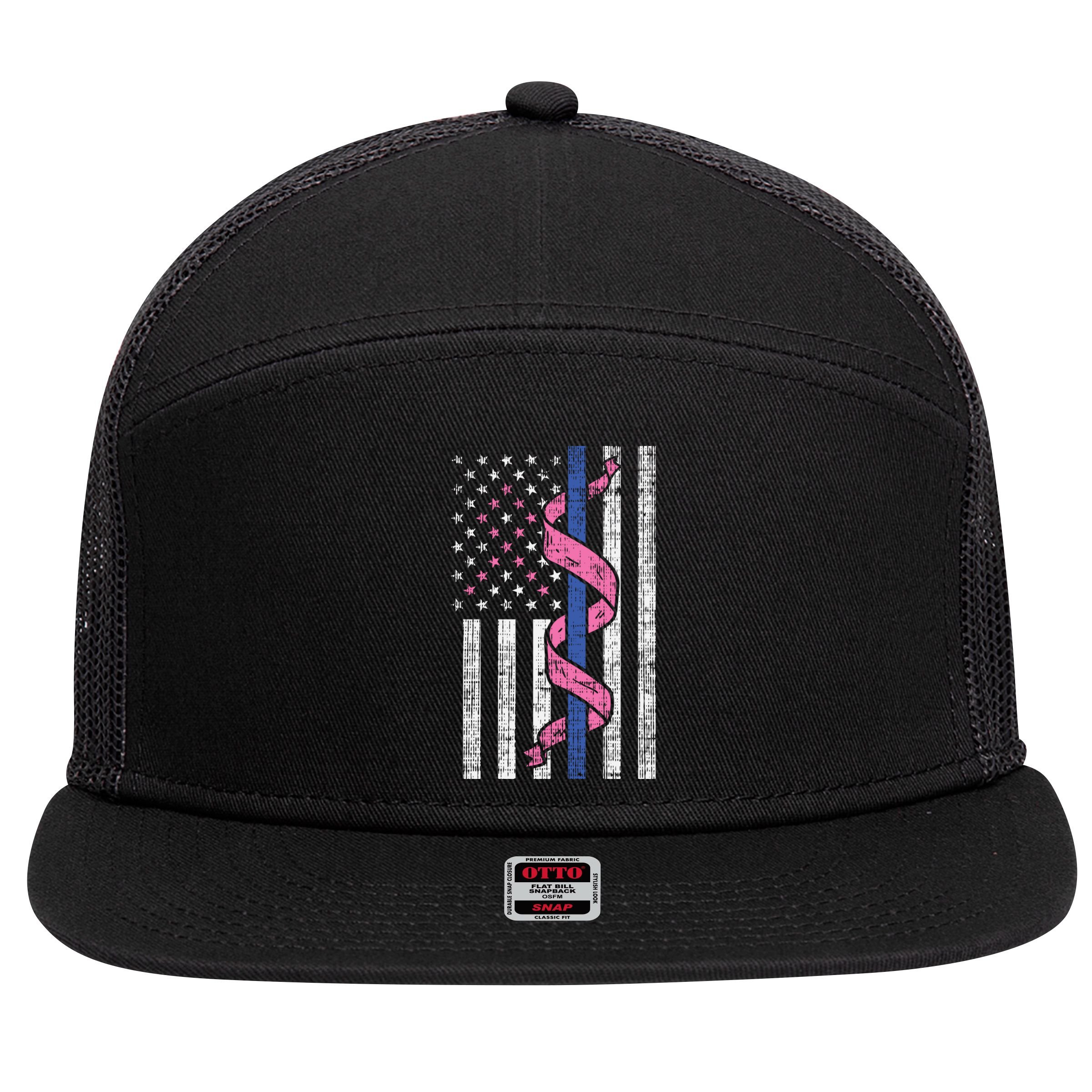 Blue Line Police Us Flag Pink Ribbon Breast Cancer Awareness Gift 7 Panel Mesh Trucker Snapback Hat