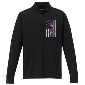 Blue Line Police Us Flag Pink Ribbon Breast Cancer Awareness Gift Performance Long Sleeve Polo