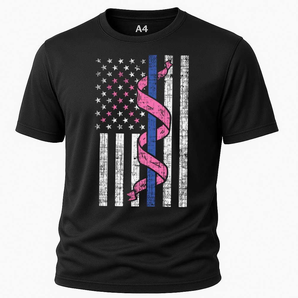Blue Line Police Us Flag Pink Ribbon Breast Cancer Awareness Gift Performance Shirt