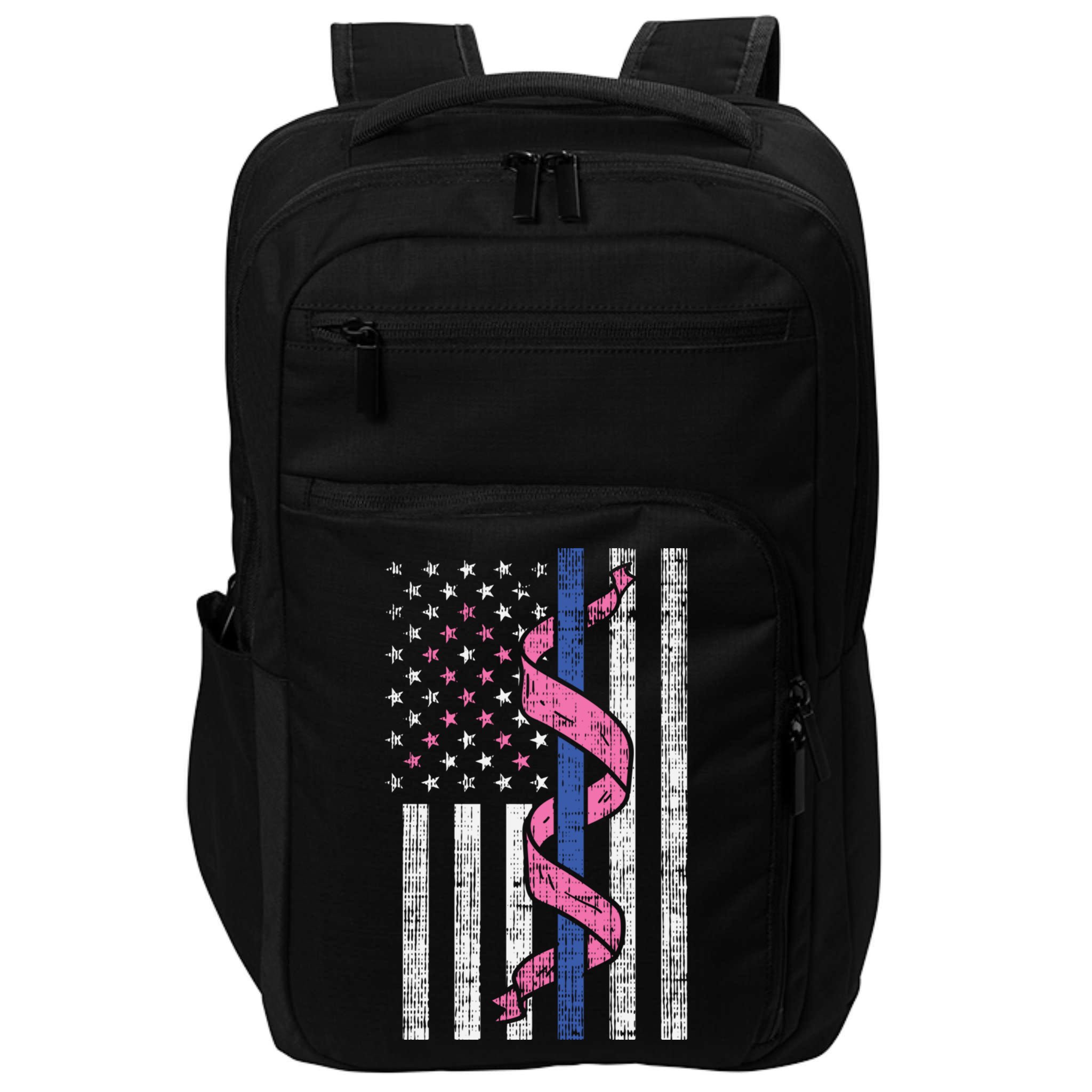 Blue Line Police Us Flag Pink Ribbon Breast Cancer Awareness Gift Impact Tech Backpack