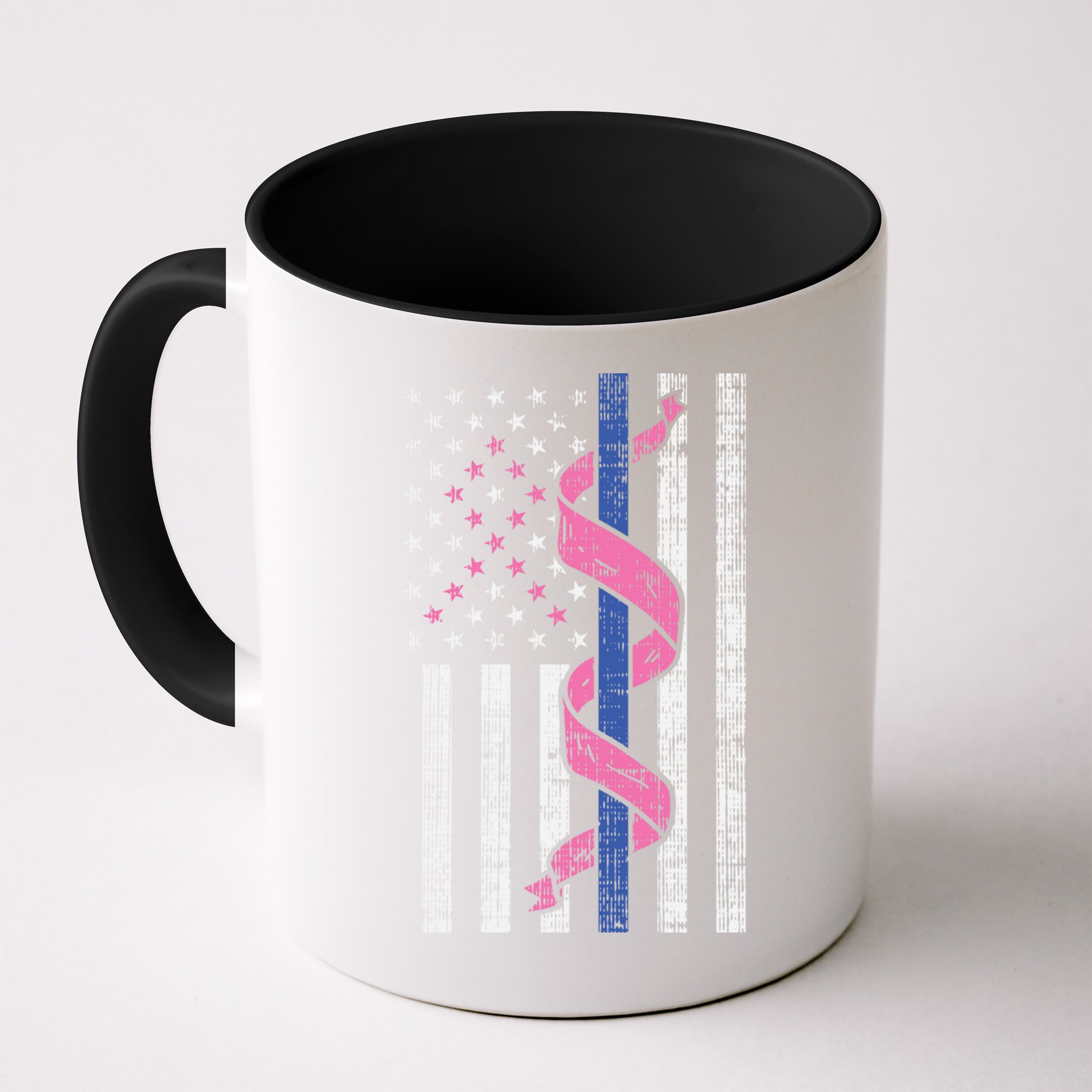Blue Line Police Us Flag Pink Ribbon Breast Cancer Awareness Gift Mug