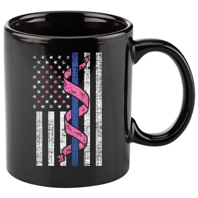 Blue Line Police Us Flag Pink Ribbon Breast Cancer Awareness Gift 11oz C Handle Ceramic Mug
