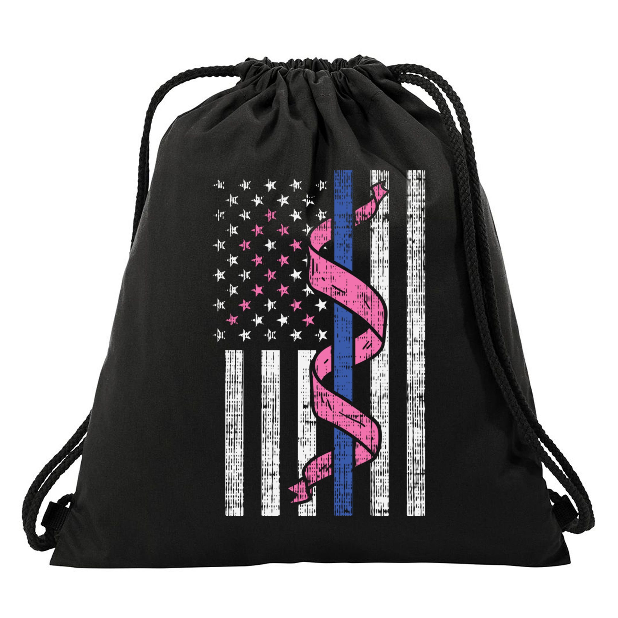 Blue Line Police Us Flag Pink Ribbon Breast Cancer Awareness Gift Drawstring Bag