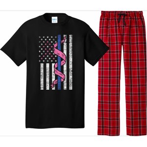 Blue Line Police Us Flag Pink Ribbon Breast Cancer Awareness Gift Pajama Set