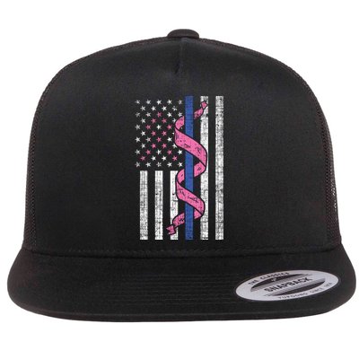 Blue Line Police Us Flag Pink Ribbon Breast Cancer Awareness Gift Flat Bill Trucker Hat