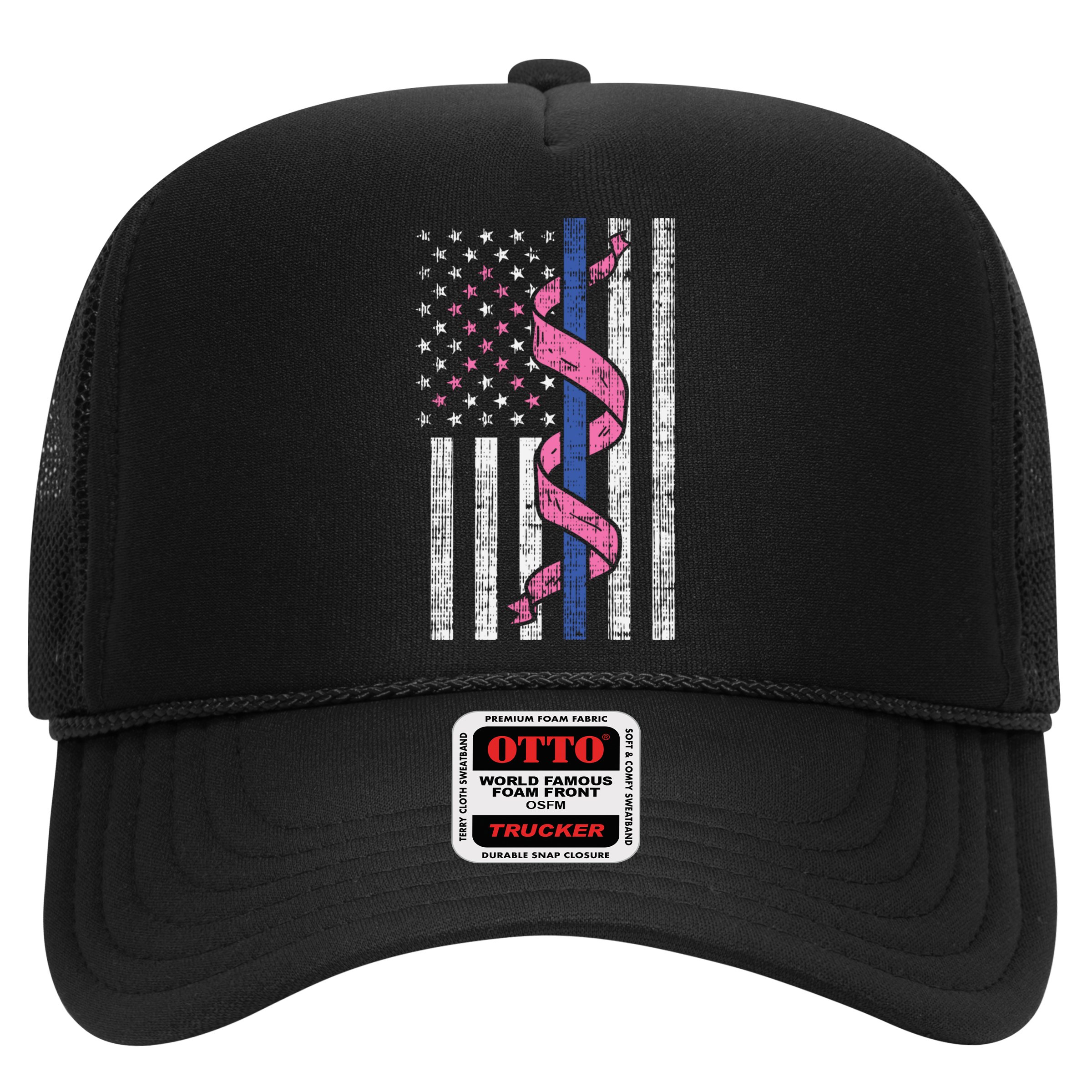 Blue Line Police Us Flag Pink Ribbon Breast Cancer Awareness Gift Hat