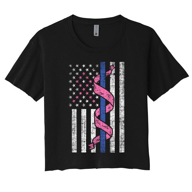 Blue Line Police Us Flag Pink Ribbon Breast Cancer Awareness Gift Crop Top