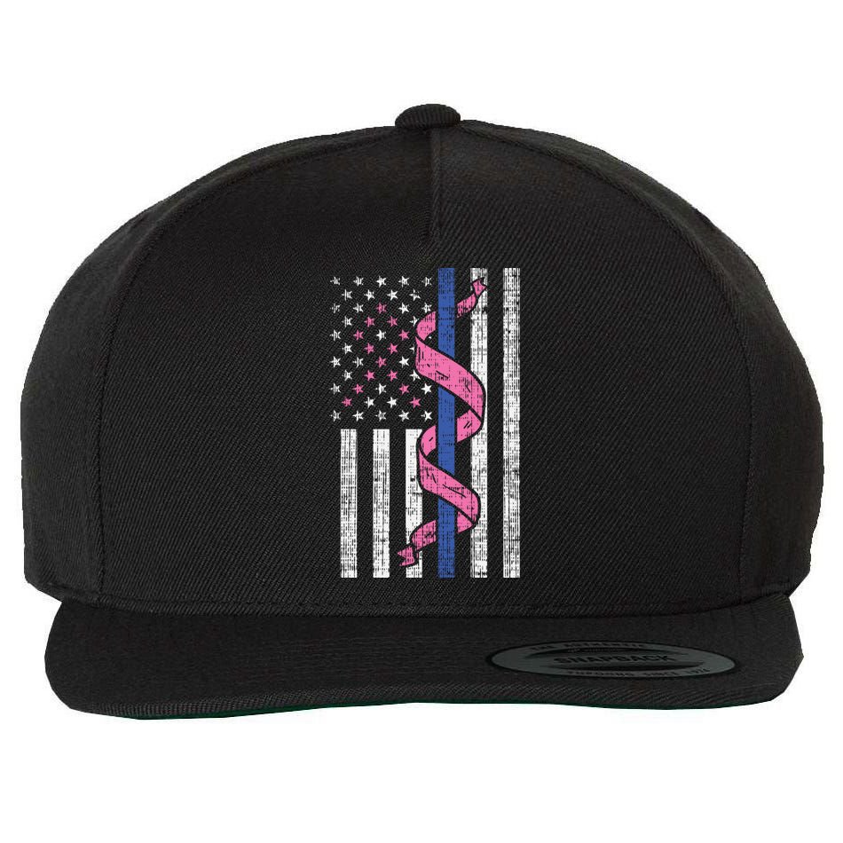 Blue Line Police Us Flag Pink Ribbon Breast Cancer Awareness Gift Wool Snapback Cap